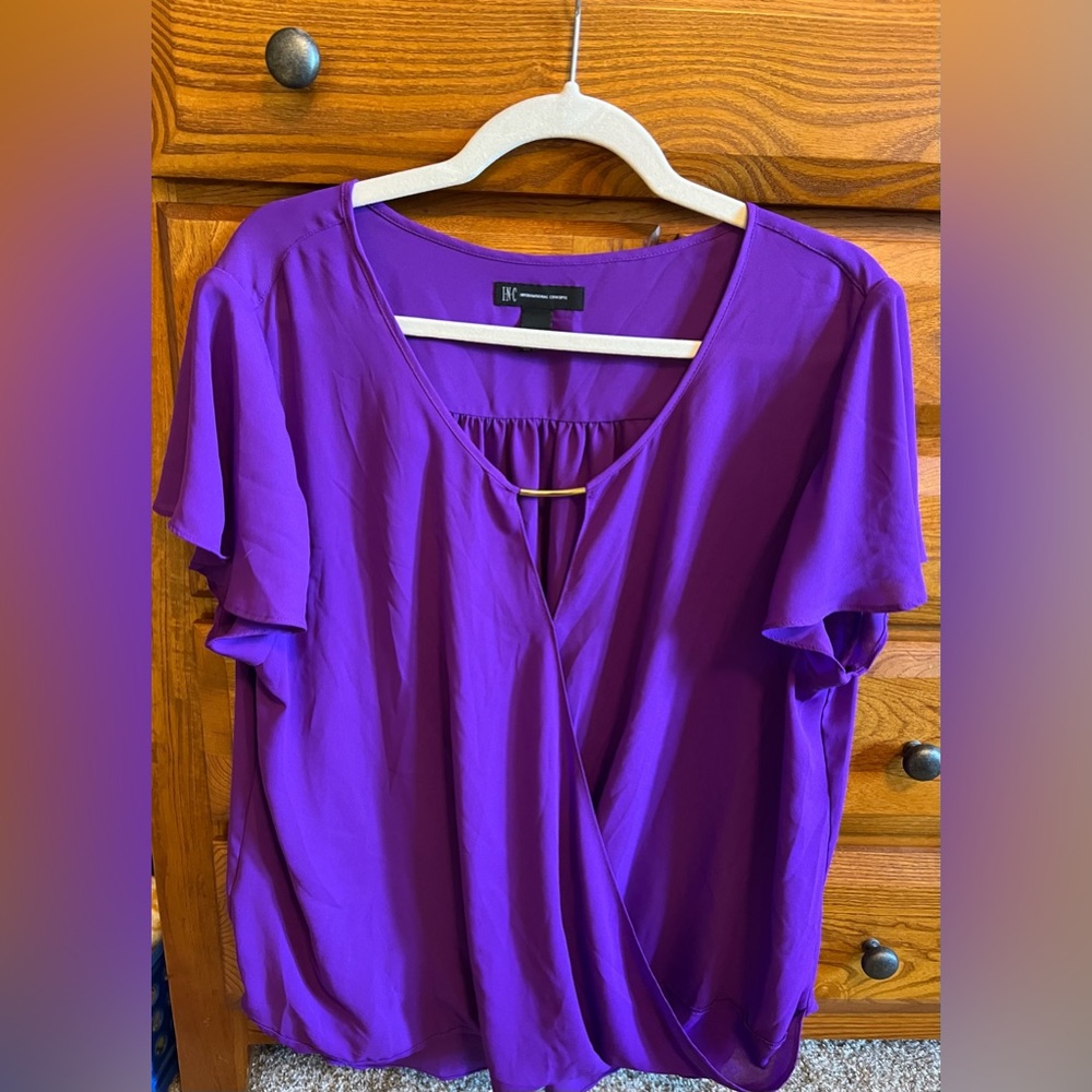 INC, purple, faux wrap flutter sleeve blouse, size XXL.